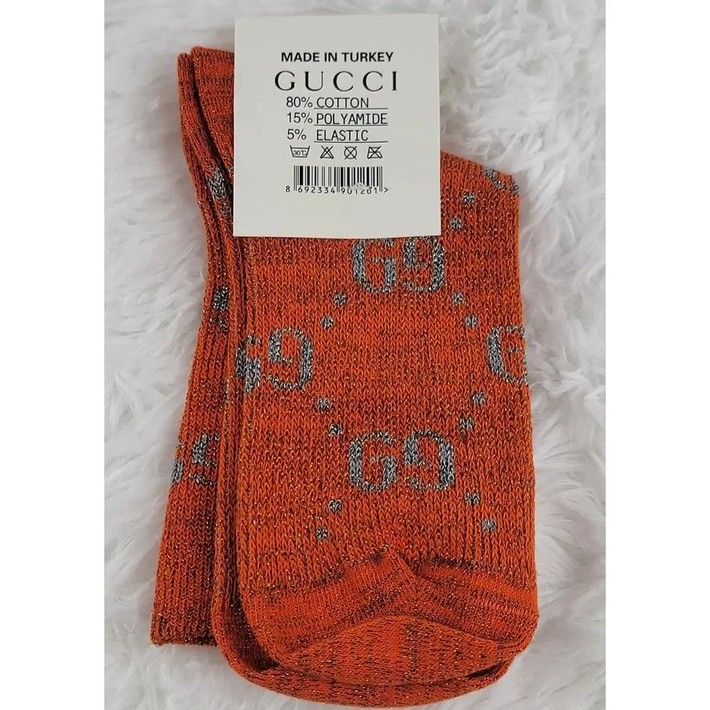 Gucci Crew Socks Unisex GG Logo Metallic 100% Authentic Orange Gray Luxury New